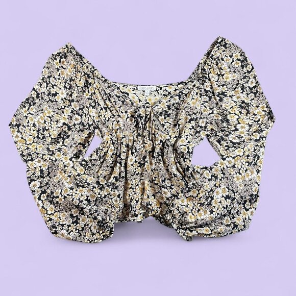 Patrons of Peace Yellow & Black Floral Tie Front Blouse – Size S - Picture 1 of 7